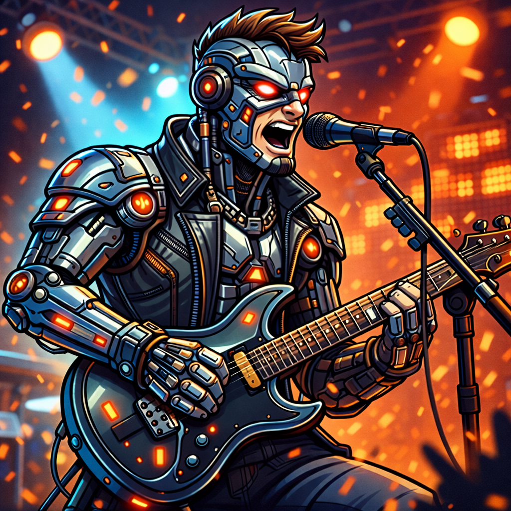 Cyborg musician singing into microphone while playing electric guitar on stage