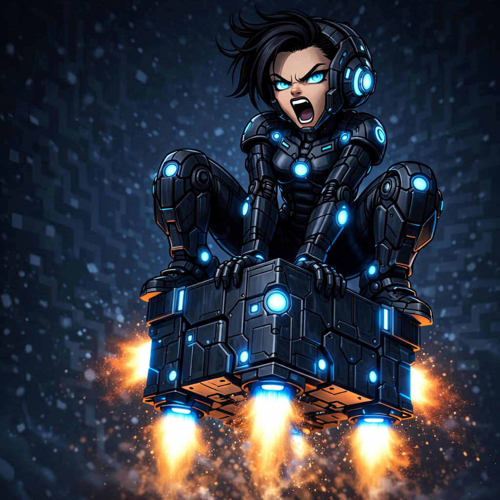 Female cyborg in advanced black and white armor holding a glowing blue futuristic gun